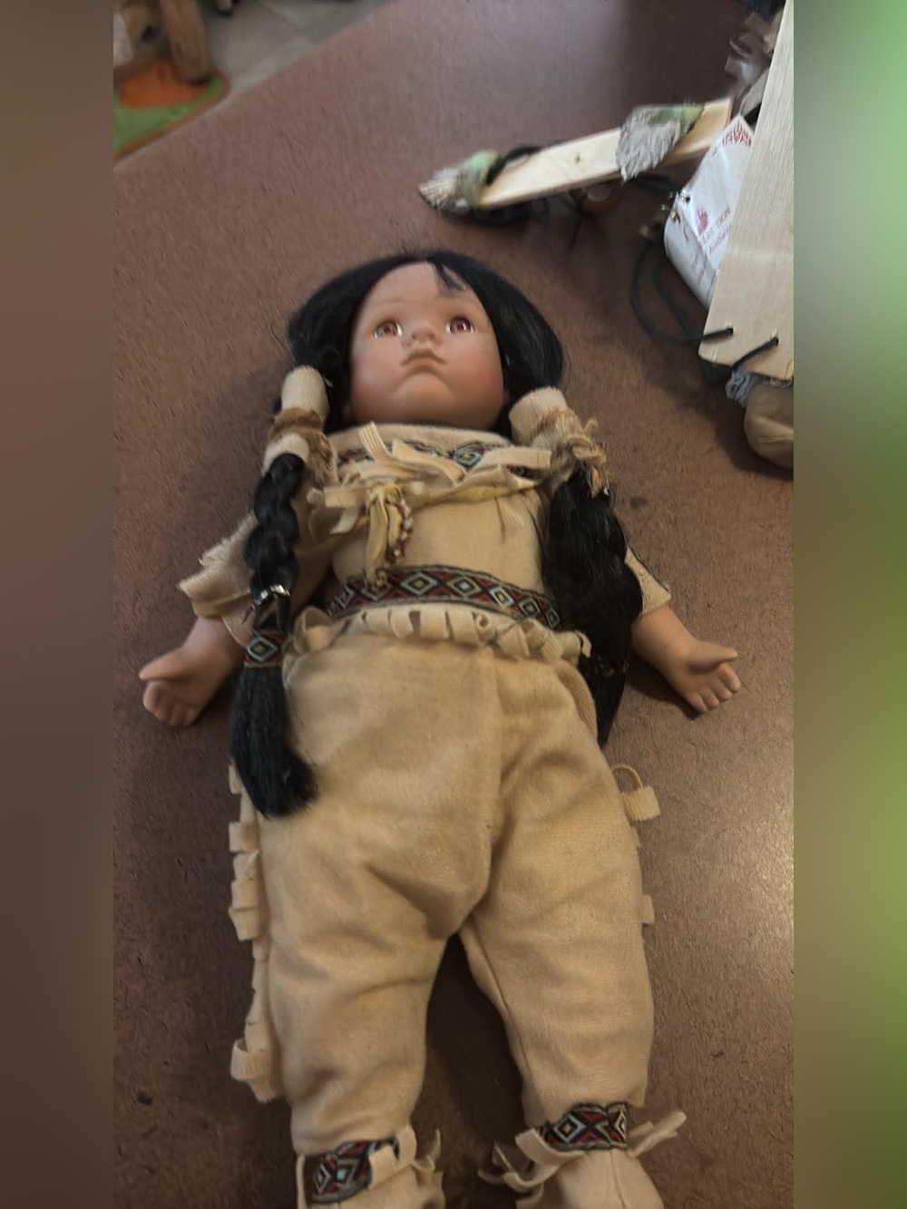 Handcrafted Native-style Kids Doll in Cream Outfit with Braided Hair